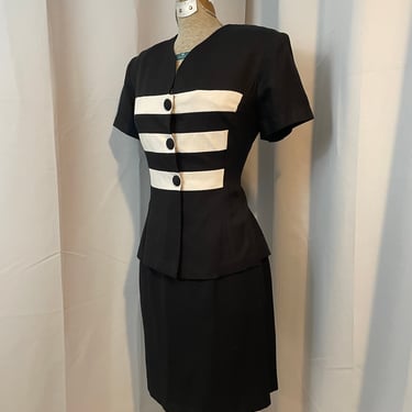 Film Noir Dress Black and White 1940s style Femme Fatale shoulder pads M 