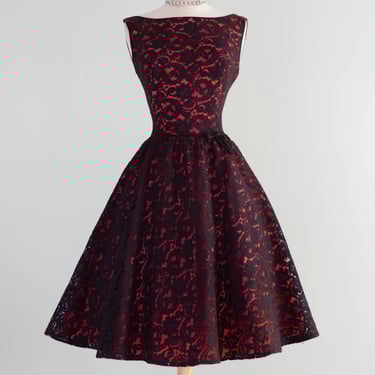 Fabulous Early 1960's Lace Party Dress In Black & Fire Engine Red / Small