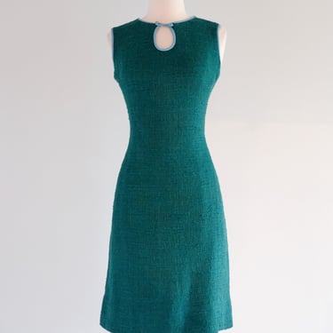 Vintage 1960's Teal Shift Dress With Leather Trim by Youth Guild / M