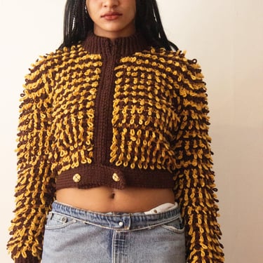 1970s does 1930s British Loop Fringe Cropped Zip Sweater 