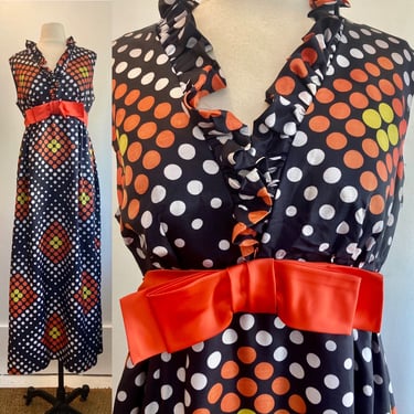 Fab 60's 70's Vintage MAXI Dress / RUFFLE Collar + HUGE Bow / Polka Dot Digital Lite Brite Print Fabric 