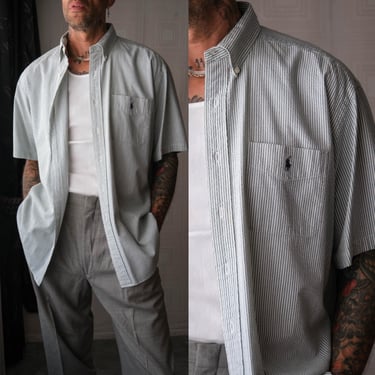 Vintage 90s POLO Ralph Lauren Blaire Sage Green & Ivory Seersucker Button Up Shirt w/ Embroidered Pocket | 1990s RL POLO Designer Mens Shirt 