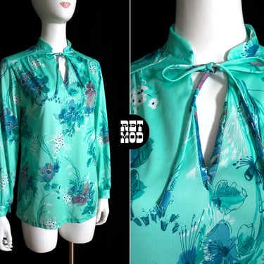 Pretty Vintage 70s Minty Blue-Green Floral Long Sleeve Blouse with Neck Tie 