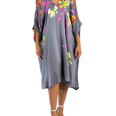 1990S Grey Silk Charmeuse Tropical Floral Tunic Dress 