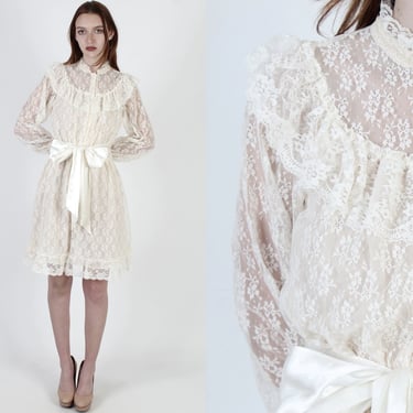 Romantic Country See Through Dress / Sheer Ivory Floral Lace Dress / Vintage 70s Prairie Wedding Mini Dress 