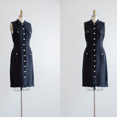 black linen dress | 90s y2k vintage minimal sleeveless button down summer dress 