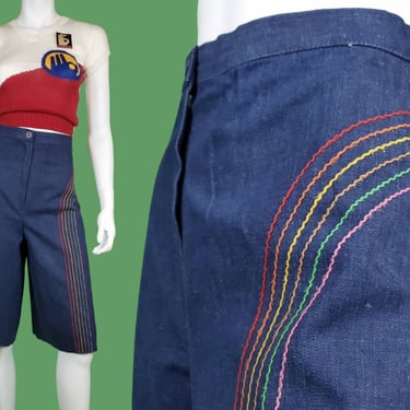 Denim rainbow gauchos from the 70s. High rise relaxed fit. Rollergirl disco aesthetic. Embroidery colorful stitching. (26 x 14) 