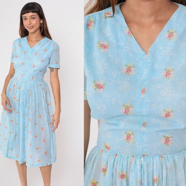 Blue Floral Dress 60s Day Dress Semi-Sheer Midi Flower Bouquet Print V Neck Fit and Flare High Waisted Short Sleeve Vintage 1960s Small 6 