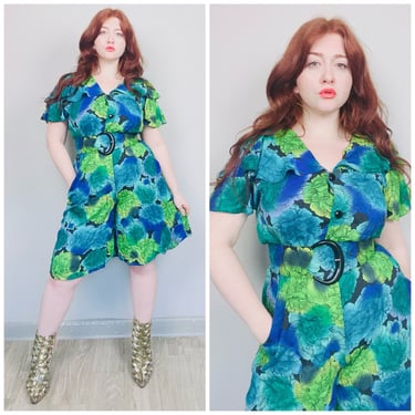 1980s Vintage Blue and Green Floral Cropped Jumpsuit / 80s Flower Print Rayon Culotte Romper / Large - XL 