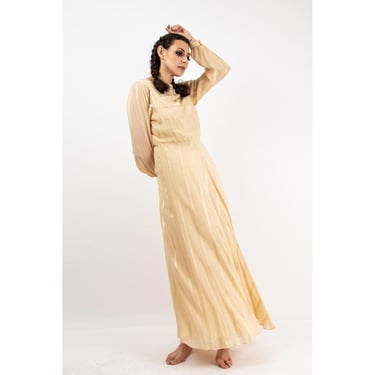 Vintage cream chiffon gold lurex stripe gown / 1970s 1980s sheer blouson sleeved maxi dress / M 