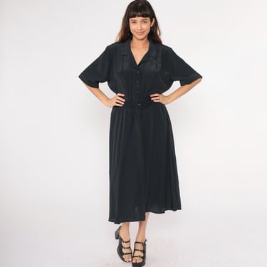 Vintage Black Satin Shirt Dress 80s Button Up Midi Dress Plain Secretary Shirtdress High Waist 1980s 1/2 Sleeve Dress Oversized Large 14 