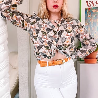 1970s Floral patchwork button-up blouse, sz. L