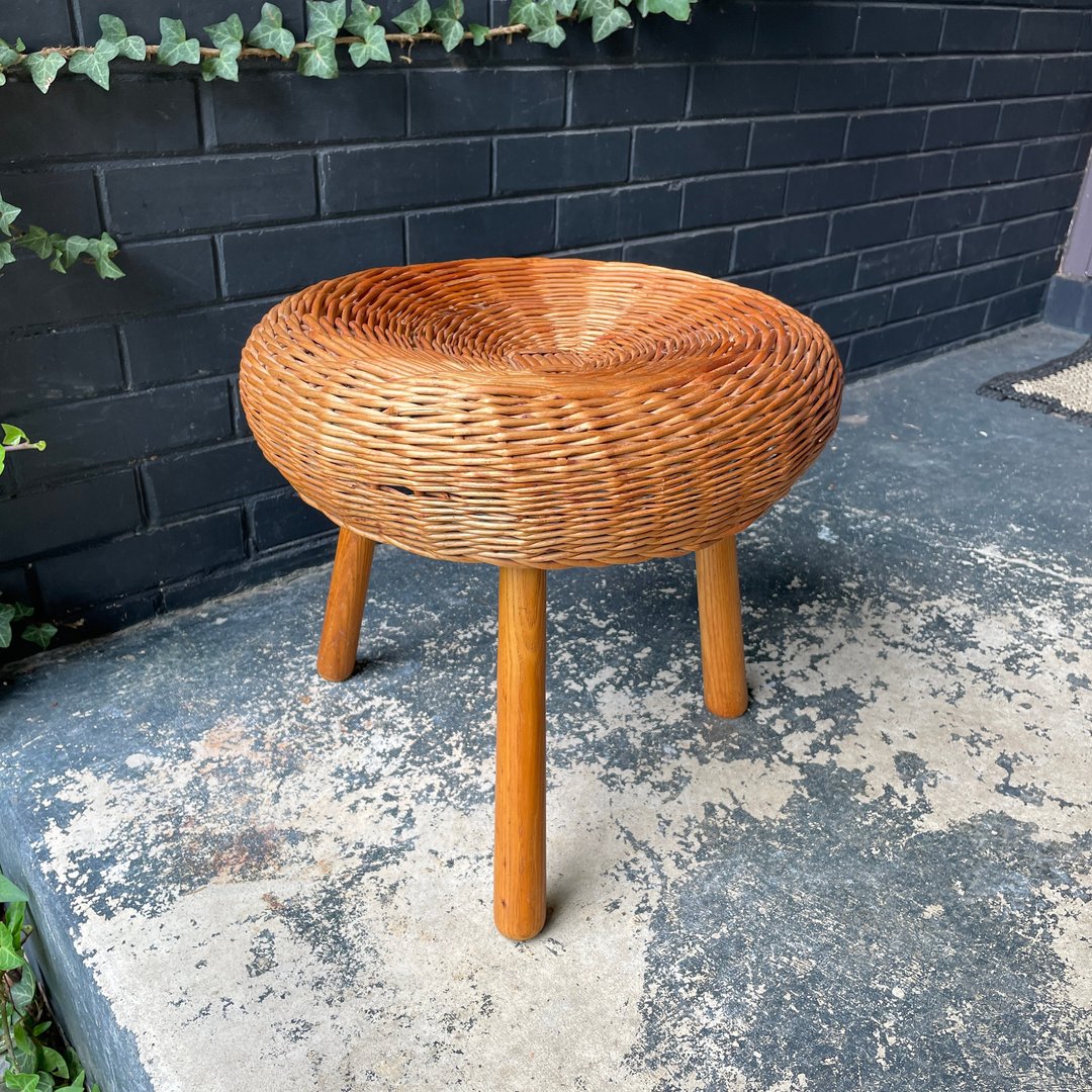 Tony Paul Large Wicker Tripod Basket Stool CatchAll or Ottoman 1970