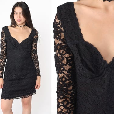 Black Lace Dress 90s Mini Sheer Sleeve BODYCON Gothic Party Long Sleeve 1990s Body Con Goth Bustier Tight Going Out Minidress Small 6 