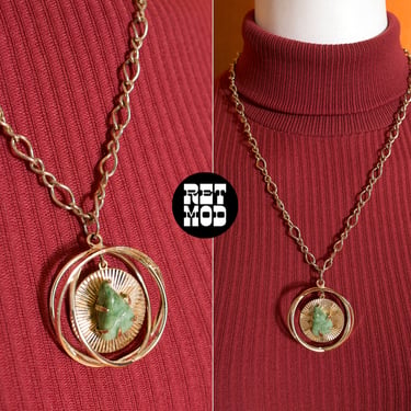 Interesting Vintage 70s 80s Gold Pendant Necklace with Circular Gold Disc with Green Gemstone 