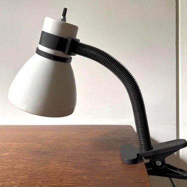 Vintage MCM Portable White Gooseneck Clamp On Lamp | Black Adjustable Lighting | Space Age Modern Office Desk Bedside Reading | 2 Available 