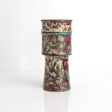 Stig Lindberg tall vase with red and green glazes, Studio Gustavsberg, Sweden