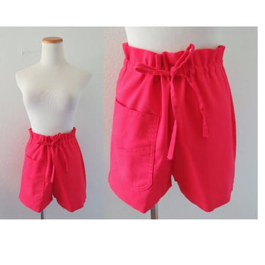 60s Shorts Vintage Red High Waisted Drawstring Waist Short - Size Medium 