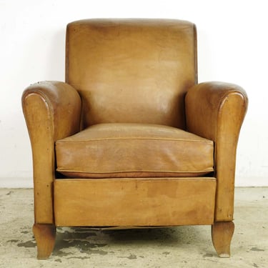 European French Brown Leather Club Chair with Wooden Feet