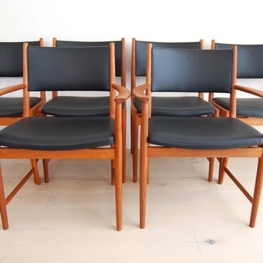 Set of 6 Danish Modern Kai Lyngfeldt Larsen Teak and Black Leatherette Dining Chairs Made in Denmark 