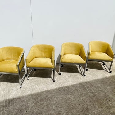 Milo Boughman Yellow Velvet and Chrome Rolling Chairs