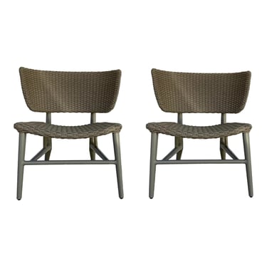 Barbara Barry for Baker Modern Taupe Woven Outdoor Slipper Chairs Pair