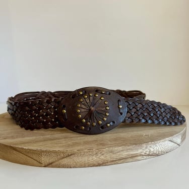 Brown Genuine Leather Made in India Woven Weaved Studded Indie Belt - S/M 