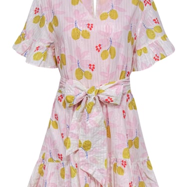 Pink Chicken - Pink & Fruit Print Cotton Dress w/ Belt Sz XS