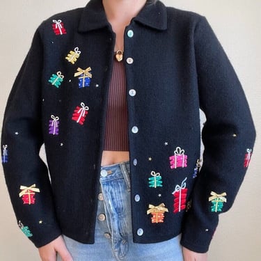 Vintage Womens Kate Hill Christmas Theme Novelty Presents Boiled Wool Cardigan 