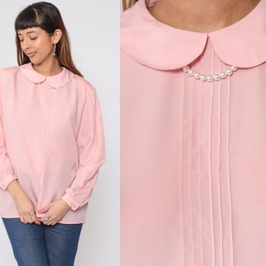 Peter Pan Collar Blouse 80s Baby Pink Pearl Necklace Button Up Top Pintuck Pleat Shirt Long Puff Sleeve Retro Vintage 1980s Extra Large xl 