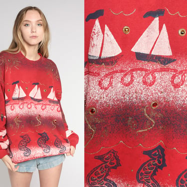Sailboat Sweatshirt 90s Red Glitter Painted Sweater Nautical Sailing Seahorse Novelty Print Jewel Studded Beaded Vintage 1990s Large xl l 