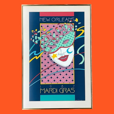 Vintage 1987 Mardi Gras Print Retro Size 24x16 Eclectic + Philip C. Bascle + New Orleans + Shattered Mask + #617/5000 + Home and Wall Decor 