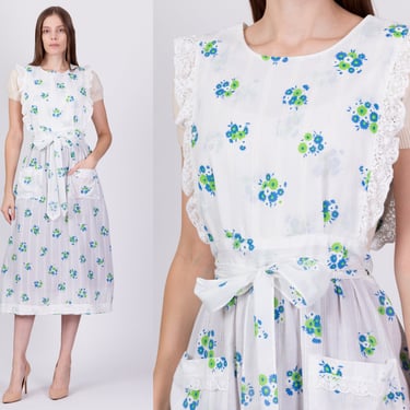 70s Floral Pinafore Wrap Apron - Medium to Large | Vintage Boho Lace Trim Cottagecore Dress 