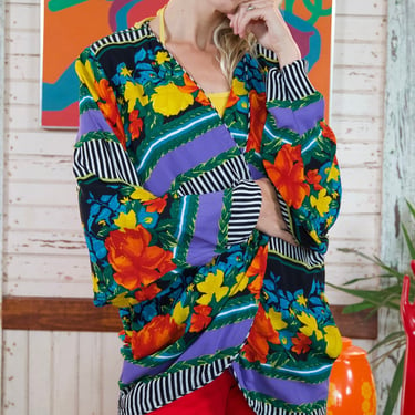 Open Front Batwing Top 80s Oversize Floral Striped Shirt Jacket Vintage Colorful Long Sleeve Rayon Shirt Pockets Small-Large 