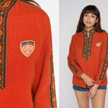 Wool Cardigan Sweater 70s Orange Finnish Patch Sweater Nordic Zip Up Sweater Knit Retro Sweater 1970s Vintage Icelandic Style Small 34 