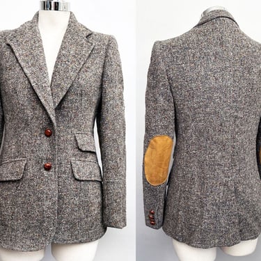 Tweed Fitted Jacket, Suede Elbow Patches, Classic Vintage English Wool Hunting Riding Blazer Coat Evan-Picone 1980's, 1970's MINT Leather 