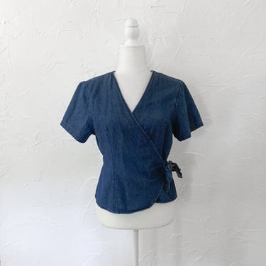 90s Chambray Denim Blue Wrap Short Sleeve Blouse | Small/Medium 