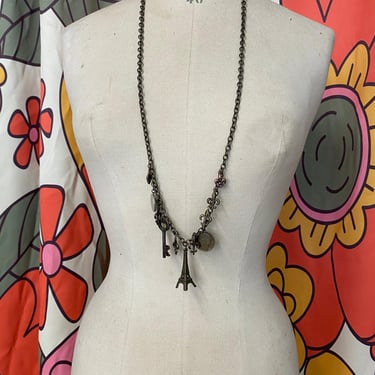 vintage y2k charm necklace novelty long chain eiffel tower key fleur de lis coin 