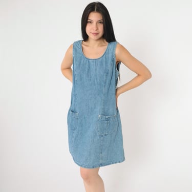 Vintage Denim Jumper Dress 90s Blue Jean Overall Dress Retro Mini Pinafore Shift Pocket Sleeveless Smock Faded Glory 1990s Medium Large 