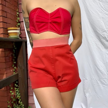 40s Pinup Shorts / High Waisted Red Cotton Shorts / Play Suit Hot Pants / VLV Viva Las Vegas / Cotton Forties Shorts 