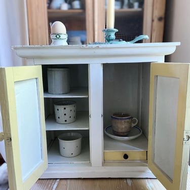 Beautiful vintage French wood doll cabinet in original white and yellow paint 