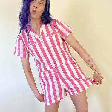 80’s Licorice Pink Striped Short Sleeve Romper