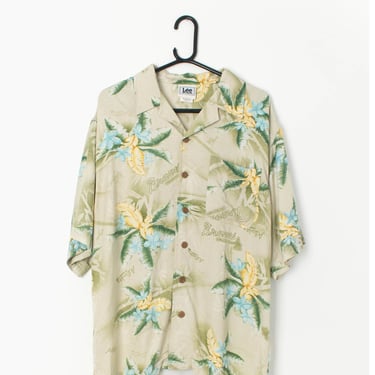 Vintage Lee Hawaiian shirt pastel, mint green with bold blue and yellow floral print - Medium 