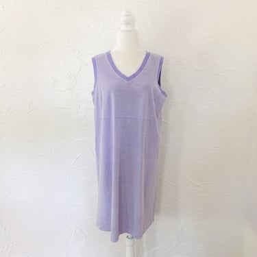 90s Cotton Light Purple and White V-Neck Sleeveless T-Shirt Dress | Large/Extra Large 