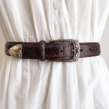 brown leather belt 90s vintage Martin Dingman alligator golf statement belt 