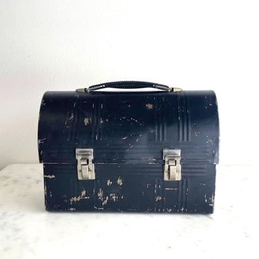 Vintage Black Metal Lunch Box Aladdin Antique Workman Lunchbox Retro Rustic Victory Dome Top Lunch Pail Antique Industrial Black Metal Box 