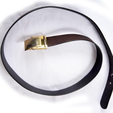 PIERRE CARDIN Leather Belt ITALY, Vintage Brown Leather, Gold Metal Designer Logo Buckle 1980's, 1970's Men's & women's Preppy Classic 39