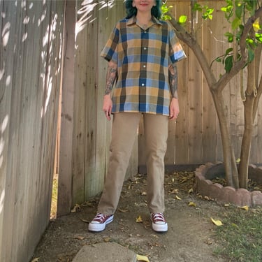 Vintage 1960’s Men’s Blue and Tan Plaid Shirt 