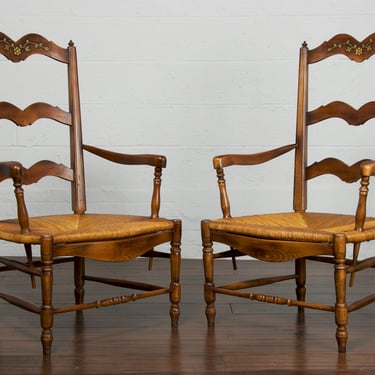 Country French Provincial Style Maple Rush Armchairs - A Pair 