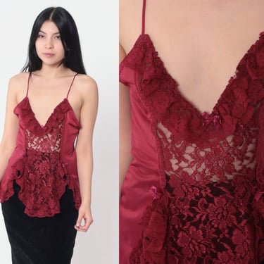 Wine Red Lace Lingerie Top 80s Sheer Floral Camisole Tank Deep V Neck Ruffled Cami Spaghetti Strap Sexy Vintage 1980s Small Medium 
